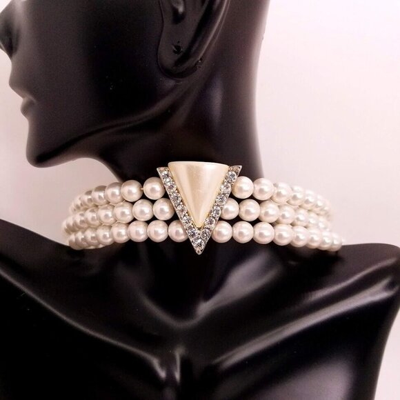 Christina Collection Necklace Clip On Earrings Simulated Pearls 3 Strands - Picture 2 of 15